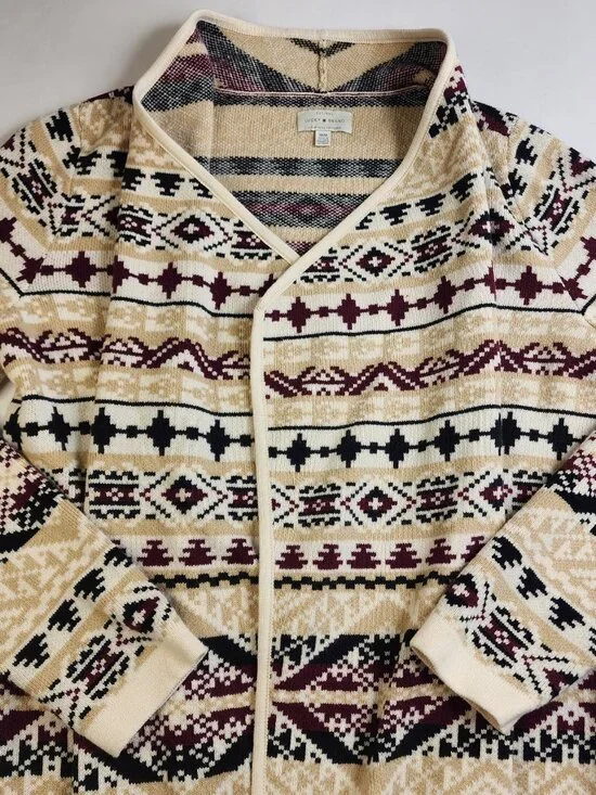 Lucky Brand Aztec Knit Shawl Collar Open Cardigan Sweater Medium M Cotton Blend - Picture 5 of 13